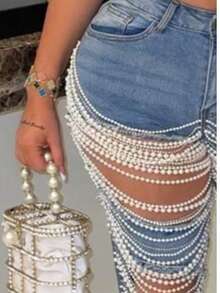 Women's Light Blue Mid Waist Casual Sexy Straight Leg Pants, Fashionable Perforated Pearl Chain Decoration, Suitable For Nightclubs, Dances, Nightclubs - 淺藍色 - 查看 4