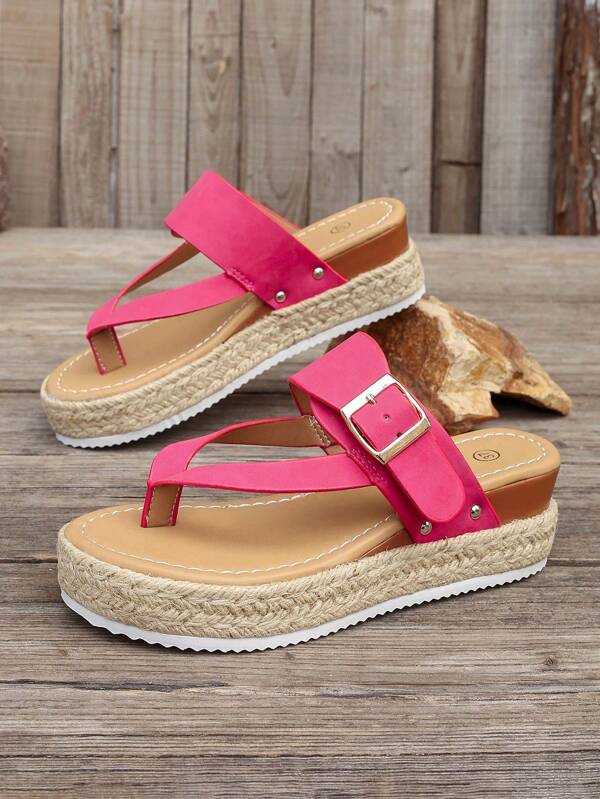 Women's Summer 2025 New Rope Woven Rivets Wedge Thick Sole Rose Red Sandals, Suitable For Outdoor Travel, Beach, Vacation, Slip-On Bohemian Style