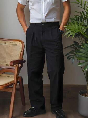 男士休闲宽松直筒办公裤，纯色商务风格长裤