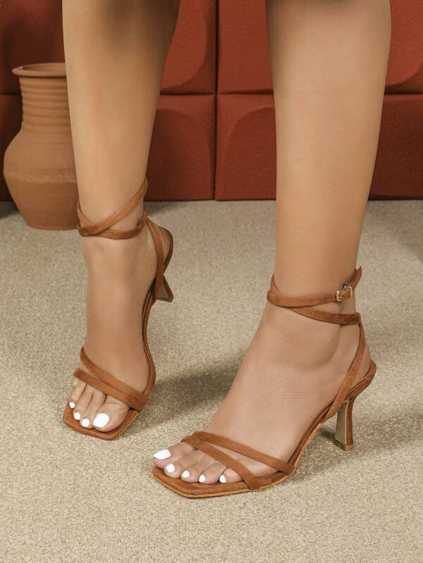 Women's Solid Color Fashion High Heel Sandals, Ankle Strap Thin Heels, Open Toe Criss-Cross Sandals, Camel Faux Suede High Heel Sandals
