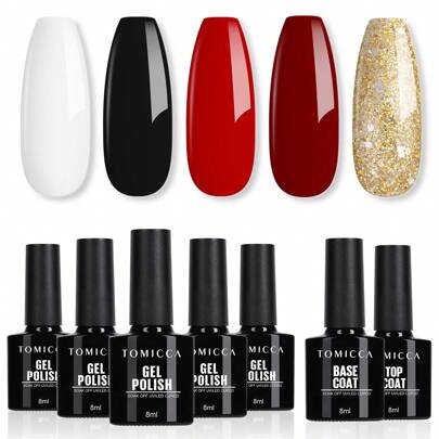 Set da 7 pezzi da 8 ml di smalto gel lucido bianco/nero/rosso/oro, con base e top coat, set di smalti gel dall'effetto duraturo, adatto per principian