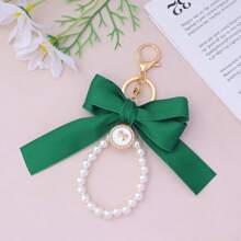 1pc Faux Pearl Beaded Bracelet, Keychain, Phone Lanyard, Cute Bowknot Keyring, Wallet Charm, Earphone Case Accessories, Women Daily Use, Gift