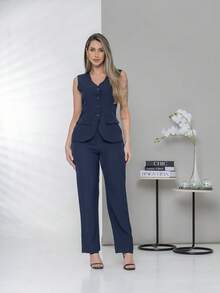 Plain Elegant Vest And Dress Pants Set C3302 - Azul Marino - Ver 1