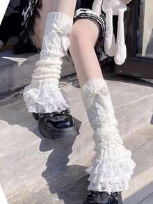 1 Pair Women White Lolita Bowknot Lace Trim Cable Knit Leg Warmers Christmas Gift