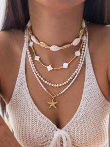4pcs/Set Bohemian Ocean Style Pearl Beaded Starfish Pendant Necklace Set For Women, Suitable For Beach Party, Gift (Bead & Shell Sizes May Vary)