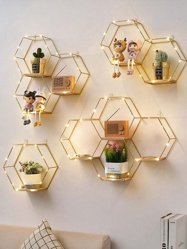 1 pièce (avec crochet de suspension) Étagère murale de style nordique créative en fer, étagère murale combinaison hexagonale en métal doré, décoration pour le salon, la chambre, la salle de bain, la cuisine, le bureau