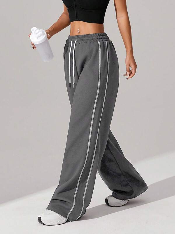 1pc Women's Waffle Pattern Relaxed Fit Straight-Leg Pants With Side Pockets, Drawstring Waist, Minimalist, Suitable For Fitness & Sports, Spring/Summer