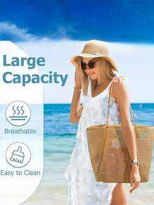 1 件时尚可折叠女士沙滩手提包 - 大容量透明网眼单肩包，带拉链和腕带，耐用牛津布，适合旅行、购物和度假必需品 | 轻巧宽敞的设计，沙滩包 - 彩色 - 查看 2