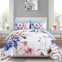 7 Pieces Purple Floral Comforter Sets Full Queen King Bed In A Bag,Elegant Flower Comforter With Sheet Set, Soft Microfiber Bedding Set For Wedding Items,Valentines Day Home Bed Room Decor,Mothers Day Gift,All Season - 藍色 - 查看 1