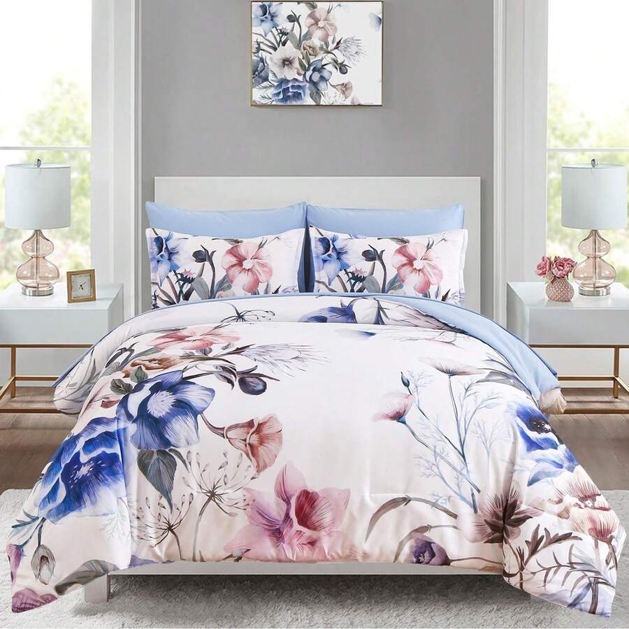 7 Pieces Purple Floral Comforter Sets Full Queen King Bed In A Bag,Elegant Flower Comforter With Sheet Set, Soft Microfiber Bedding Set For Wedding Items,Valentines Day Home Bed Room Decor,Mothers Day Gift,All Season - 藍色 - 查看 1