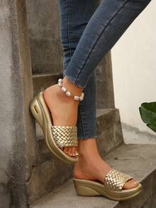 Giày sandal đế xuồng dệt kim dành cho nữ, giày cao gót thời trang thường ngày, phù hợp với váy vóc và đi biển, mùa hè, là món đồ cần thiết khi đi du lịch. - Vàng - Xem 3