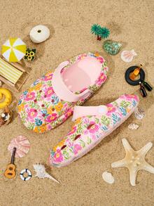 1 Pair Kids Pink Floral Dinosaur Print Anti-Slip Flat Casual Comfortable Lightweight EVA Beach Sandals, Suitable For Summer