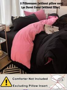 3pcs Set Black & Pink Ultra Soft Dorm Bedding Duvet Cover & Pillowcase Set, Breathable Bedroom Bedding, 1 Duvet Cover & 2 Pillowcases (No Filling), Machine Washable