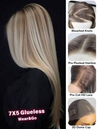 SALLYWELL Peluca recta larga de encaje frontal sintético de 26 pulgadas con mezcla de color marrón degradado y parte profunda de 5 pulgadas, peluca de encaje frontal sin pegamento con mechones rubios destacados de 7x5 pulgadas, lista para usar y sin pelar.