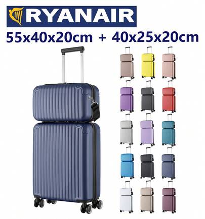 R.Leone Valigia Ryanair 55x40x20 cm + 40x20x25 cm 1 Pezzo a Set 2 Pezzi Trolley Bagaglio a mano 4 Ruote e Beauty Case in ABS 999