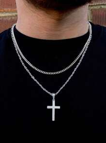 Set de 2 collares con colgante de cruz de acero inoxidable de doble capa, estilo punk y hip-hop para hombres
