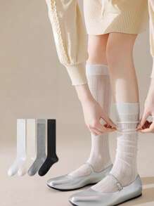 1 par de calcetines de punto liso con aplicación de encaje sobre la rodilla, calentadores de piernas con rayas verticales/de cuadrícula, calcetines de media caña con puño estriado y empalme, medias altas respirables con rayas verticales para JK