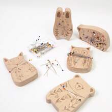 Carved Beechwood Animal Magnetic Pin Holder With 100pcs 38mm Sewing Pins