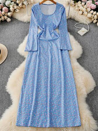 女士秋季服装，时尚印花U领后系带长袖摆裙，适合通勤、日常穿着、户外、女士教师装、返校