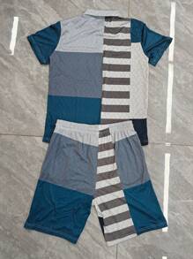 1 Set Men's Sports Casual Suit, Jacquard Splice Print Polo Shirt And Knee Length Shorts Outfit, Summer