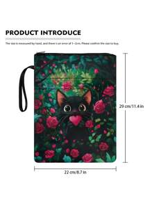 1pc Adorable Cat And Rose Themed Zippered Book Cover, Paperback Book Protective Sleeve, Paperback Book Cover, Book Jacket, Printed Book Bag With Front Pocket, Washable Book Pouch, Multifunctional Book Storage Bag Suitable For Students, Teachers, Book Lovers, Bible Enthusiasts