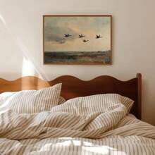 1pc Frameless Flying Ducks Vintage Wall Art Poster Canvas Print Minimalist Abstract Countryside Landscape Rustic Painting For Dorm,Apartment,Living Room,Bedroom,Modern Home Decoration