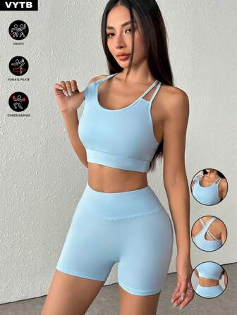 2 pezzi/set Completo di canotta con spalline asimmetriche e pantaloncini di colore unito, abbigliamento attivo/tuta aderente da yoga di moda
