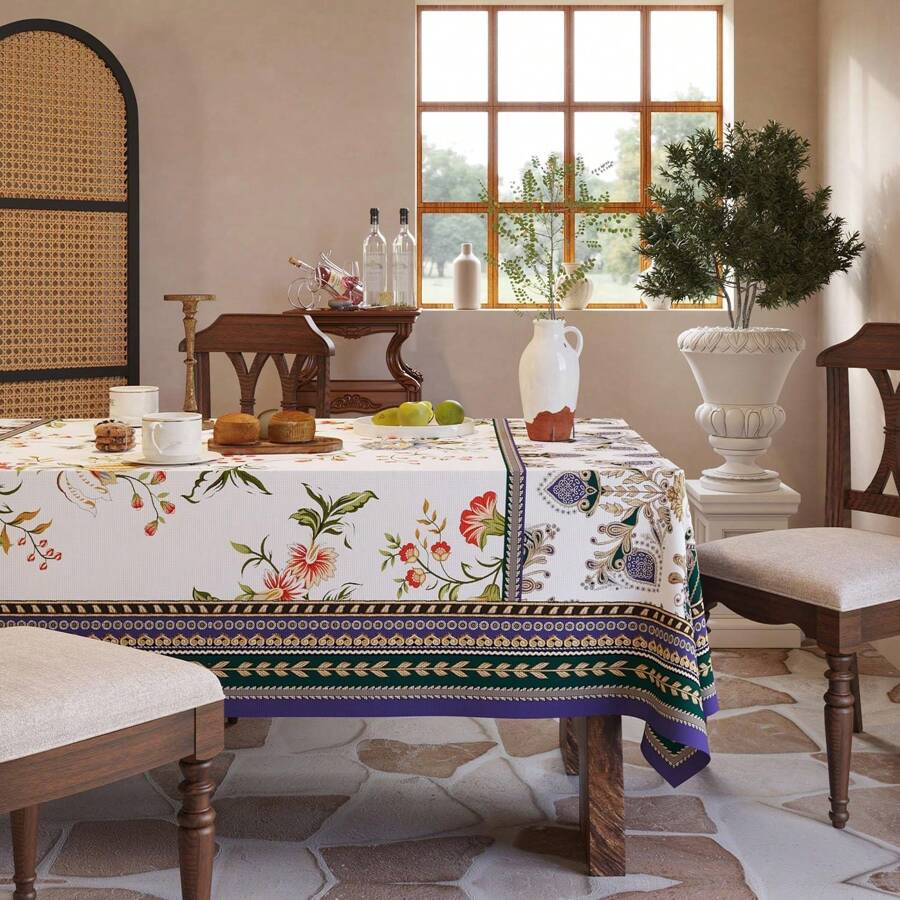 1 Pc Bohemian Style Rectangular Tablecloth, Vintage Linen Floral Striped Pattern Design For Home Living Room Kitchen Decoration, Party Picnic Gathering Dining Event, Home Decor