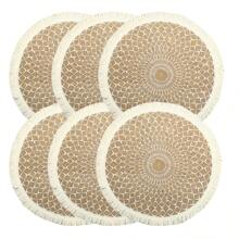 4/6/8 runde Tischsets mit Quaste, Wärmeisolierung, Party-Dekor, Tisch-Akzent im Restaurant, bedrucktes Wellenmuster, Boho-Stil, Jute-Material, waschbar, für alle Jahreszeiten geeignet, schützt Tischplatte, Besteck, Getränke, Desserts, Zuhause, Hochzeit, Restaurant-Dekoration.