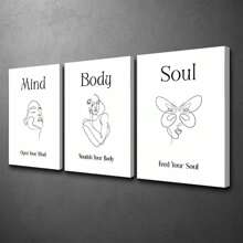 3 piezas Cuadros de pared con marco de madera, pinturas decorativas de lienzo - "Mente y Body", "Avanzando con los Tiempos", "Declaración de Energía Positiva", Mural Zen, Arte de Línea Blanco y Negro, Decoración de Pared para el Hogar, Dormitorio, Sala de Estar