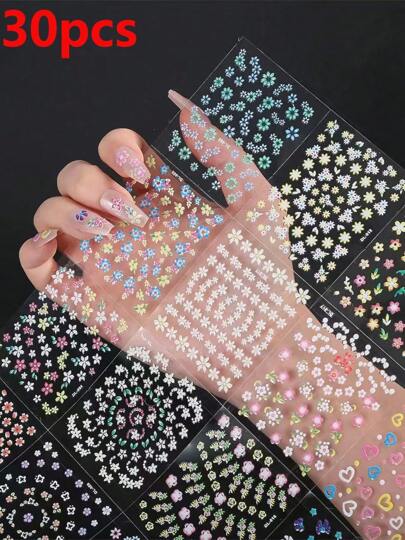 30pcs Floral Nail Art Fake Nail Most Popular Nail Color Stickers Decals Colorful Flower Nail Stickers Rhinestones And Ornaments 3D Self-Adhesive Cute Daisies Floral Nail Decals Heart-Shaped Nail Supplies Nail Design Decorative Accessories For Ladies And Girls Nail Art