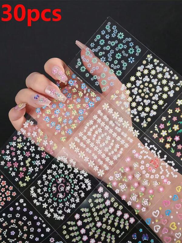 30pcs Floral Nail Art Fake Nail Most Popular Nail Color Stickers Decals Colorful Flower Nail Stickers Rhinestones And Ornaments 3D Self-Adhesive Cute Daisies Floral Nail Decals Heart-Shaped Nail Supplies Nail Design Decorative Accessories For Ladies And Girls Nail Art