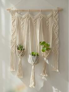Macrame Plant Hanger Macrame Wall Hanging Woven Tapestry Window Curtain Valance Boho Bedroom Decor Wedding Backdrop Rope Triple Planter - White - View 6