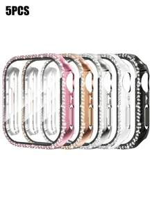 5pcs/Set Men Women Shiny Rhinestone Decor Fashionable Glamorous Anti-Fall 2 In 1 Ultra-Thin Tempered Glass Screen Protector Watch Case, Compatible With Apple Case 38/40/41/42/44/45/46/49Mm, Compatible With Apple Series Ultra/SE/10/9/8/7/6/5/4/3/2/1, Intelligent Watch Case Accessories
