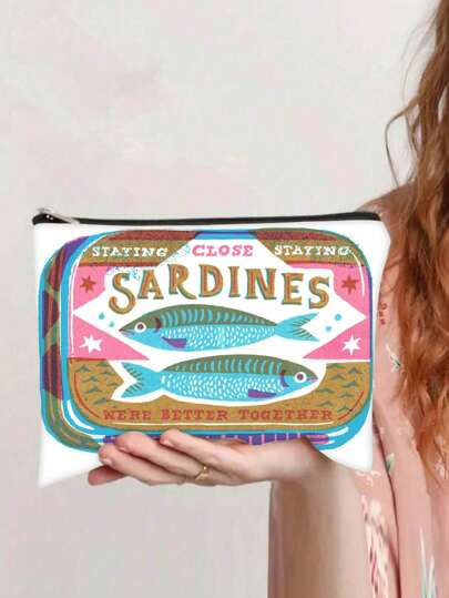 Unisex Adult Canvas Makeup Bag, Hypoallergenic Makeup Pouch, Fashion Sardine Print Zipper Makeup Bag, Polyester Double-Sided Printing With Lining Handbag, Christmas Gift For Friends