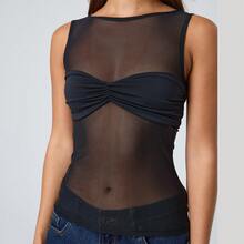 Women's Sheer Mesh Tank Tops Sleeveless Mock Round Neck Solid Color See Through Slim Fit Ruched Halter Vest - Black - View 1