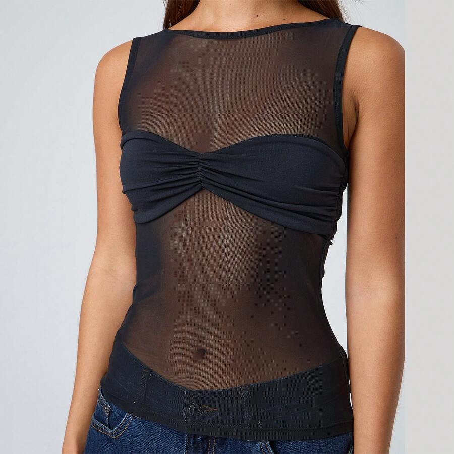 Women's Sheer Mesh Tank Tops Sleeveless Mock Round Neck Solid Color See Through Slim Fit Ruched Halter Vest - Black - View 1
