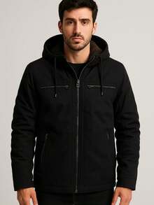 Men's Twill Jacket With Removable Lined Hood - Black - View 3