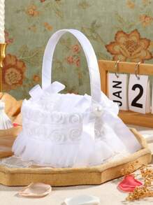 1 pieza Canasta grande para niña de las flores para bodas, canasta de boda de hadas, canasta de pétalos de marfil, confeti, dulces, suministros para fiestas, canasta de frutas, decoración del hogar, regalos, decoraciones de cumpleaños, decoraciones de fiesta, decoraciones de despedida de soltera, verano, playa, regreso a la escuela, suministros escolares, decoración de habitación