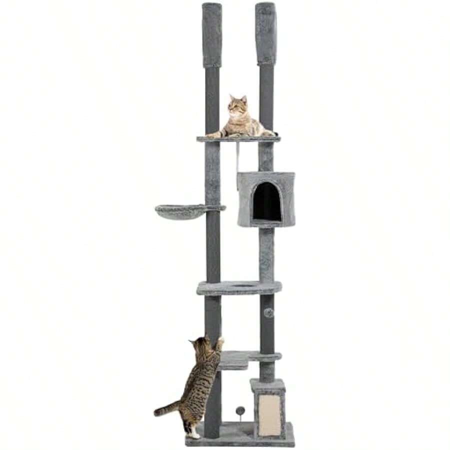 PawHut 225255cm Floor To Ceiling Cat Tree For Indoor Cats W House Ramp - Grey - View 1