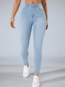 Jeans pitillo de cintura alta para mujer, mallas de cintura alta en lavado claro para uso casual y diario