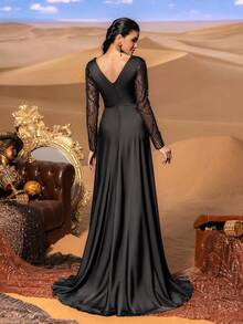 Faeriesty Haute Glamour Luxury Beaded Formal Dress With Deep V-Neck & Sheer Sleeves – Intricate Sequin Accents, Fitted Silhouette & Dramatic Side Slit For Red Carpet Glamour & High-End Events Party Wedding Elegant - Black - View 2