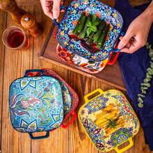 1pc Bohemian Style Ceramic Salad Plate With Dual Handles, Oven & Microwave Friendly Baking Dish For Pasta, Colorful Floral Design Tableware