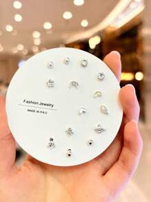 14pcs Elegant Mini Weekly Earring Set, Korean Style Versatile Rhinestone Ear Jewelry