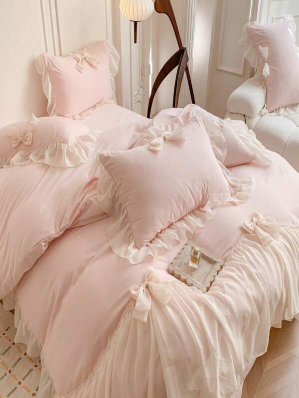Juego de ropa de cama de 3 piezas estilo princesa con encaje, cubierta de edredón y fundas de almohada blancas con decoración de moño