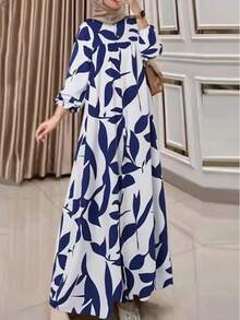 Women's Floral Print Extra Long Abaya - Blue - View 1