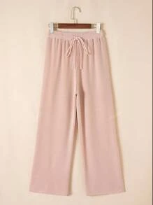 Acelitt Summer Solid Color Solid Color Knitted Short Sleeved T-Shirt And Wide Leg Pants Set For Home Leisure And Outdoor Activities