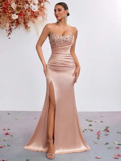 Elisanya Vestido con pliegues brillantes de cintura alta y espalda descubierta con cordones, adecuado para baile, fiesta, banquete, formal, vestido de gala, para eventos de noche, invitado de boda