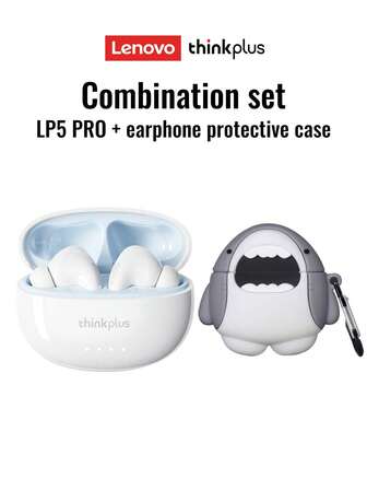 Lenovo Combo de auriculares Bluetooth  LP5PRO Blanco con estuche protector, auriculares intrauditivos, calidad de sonido estéreo, llamadas de voz clara con micrófono, música y juegos, baja latencia, batería de larga duración, almohadillas de silicona, auriculares inalámbricos cómodos
