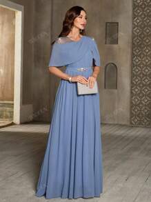Women's Elegant Long Dress With Shoulder Mesh Patchwork, Beaded, Pleated, Waist Belt Decor, Solid Color